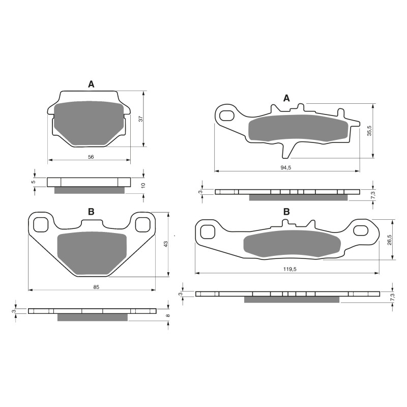 2 Kit plaquettes frein Av G, Av D et Ar Pour Kawasaki Super Sherpa 250  de 1997 à 2007 - Image 3